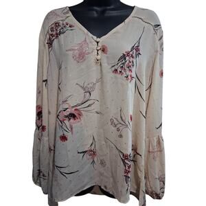 Maurices Shirt Large Cream Floral Tunic Puffy Sleeves Lightweight V-Neck Tunic